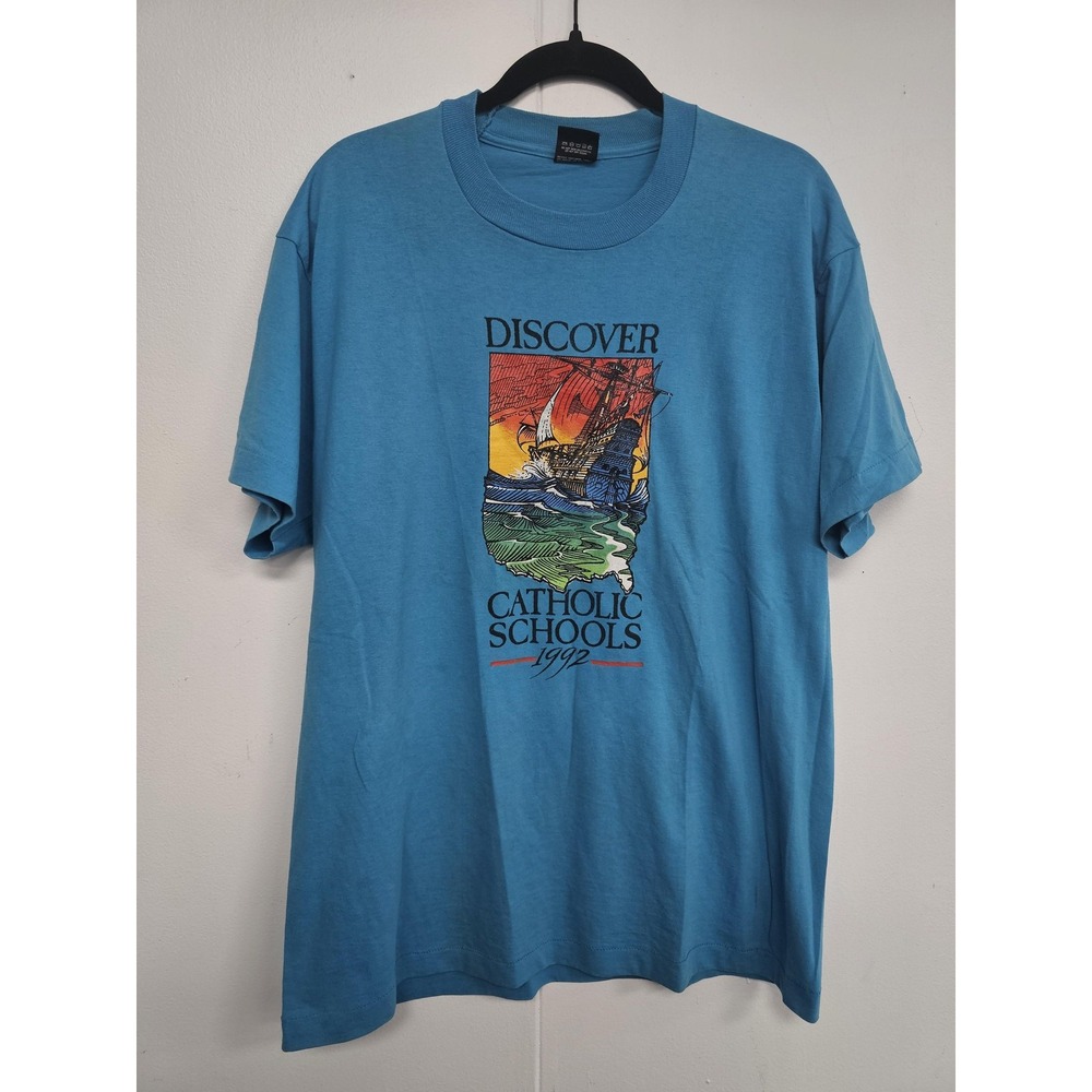 Vintage Discover Catholic Schools Shirt Mens XL 1992 Graphic Tee Made USA 90s‎